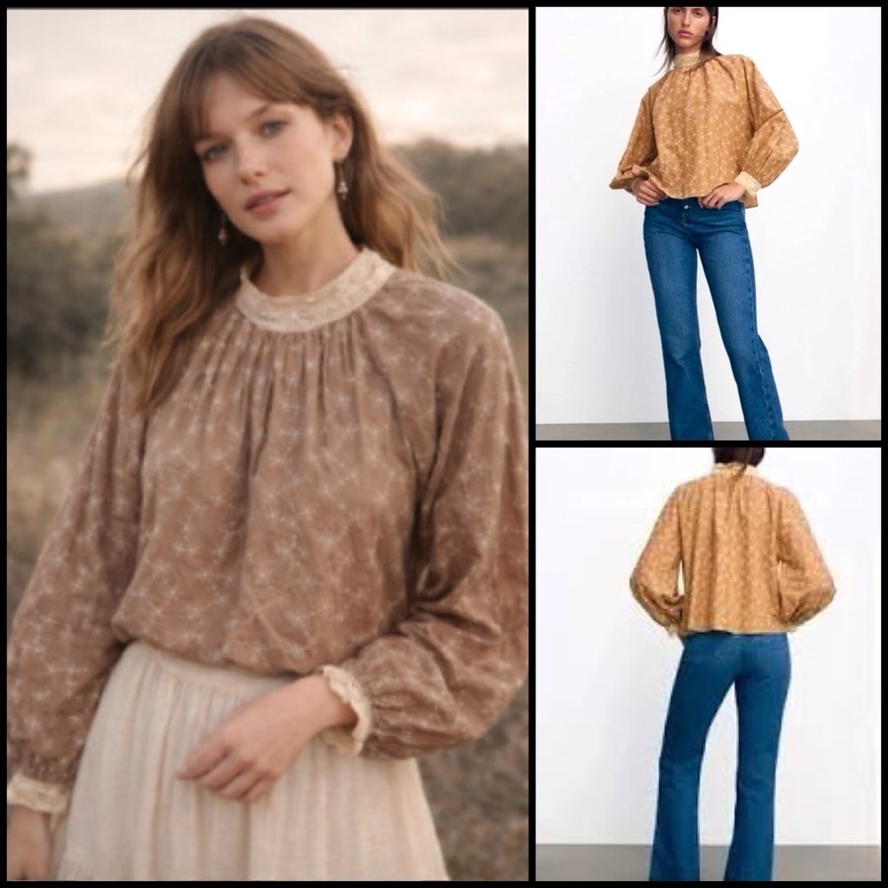 Zara Embroidered Crochet Lace Trim High Neck Boho Peasant In Sand Romantic Top S